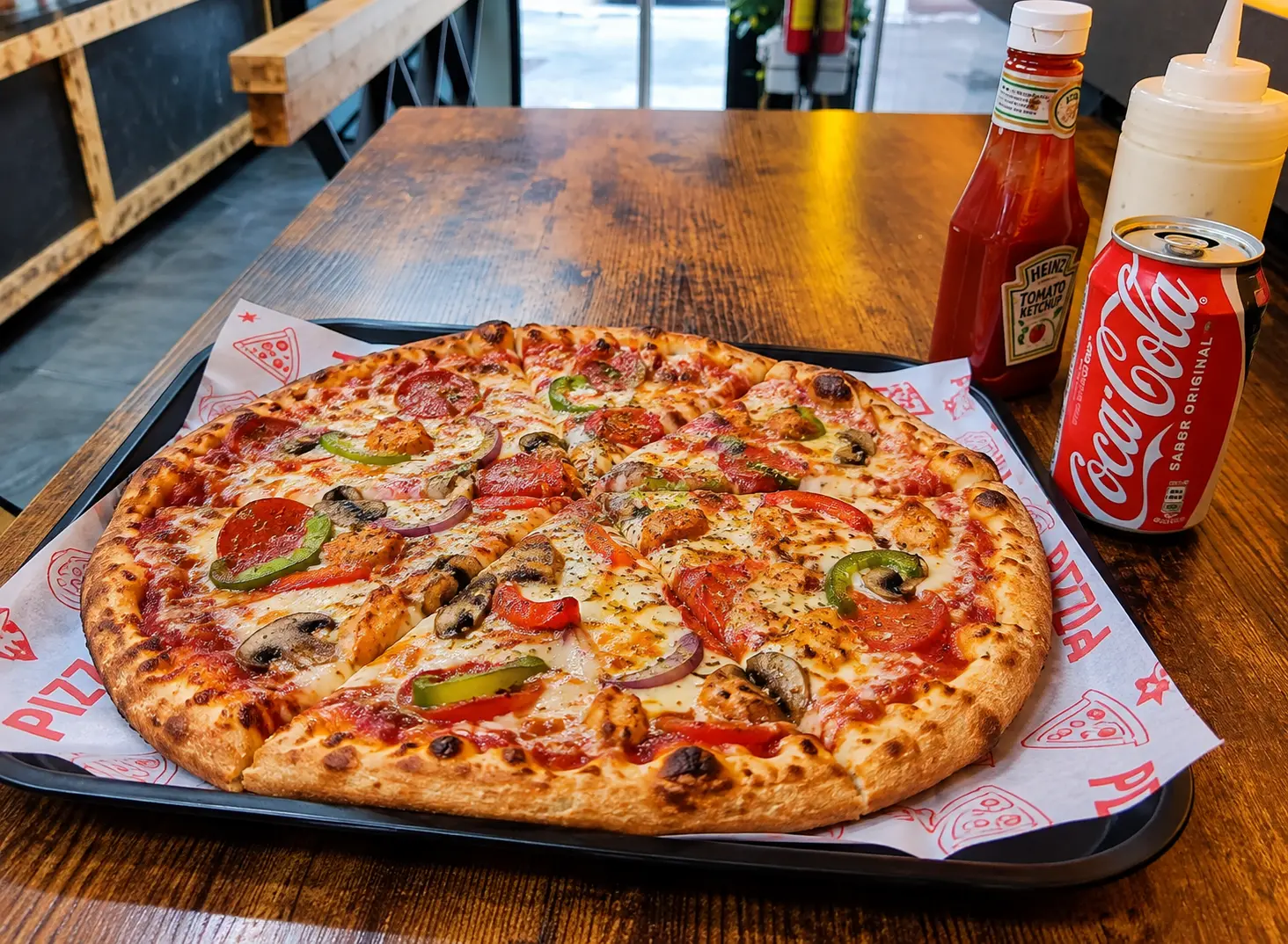 Pizza de Rios Grill servida en una bandeja con bebida