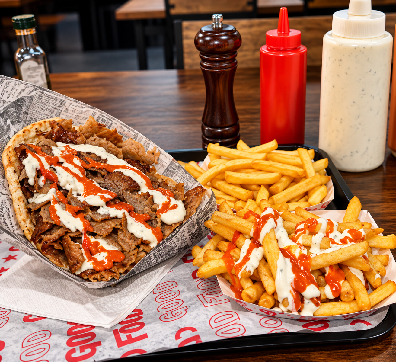 Kebab de Rios Grill con patatas y salsas