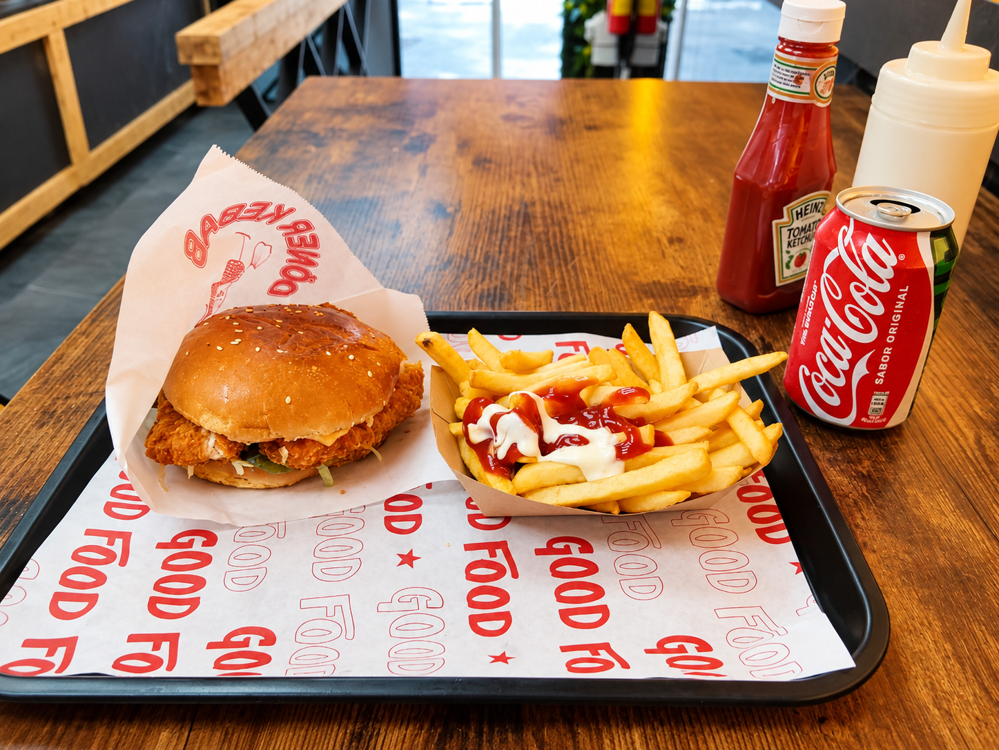 Hamburguesa de Rios Grill con patatas y bebida sobre una bandeja