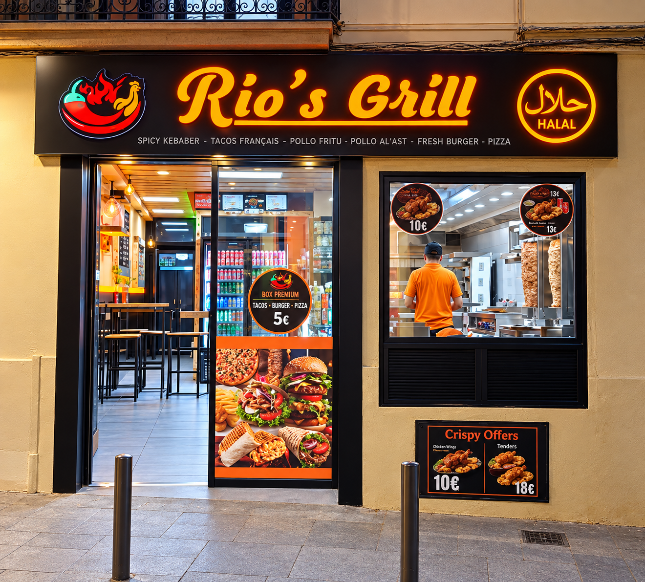 Fachada de Rio’s Grill con el rótulo iluminado y la entrada al local