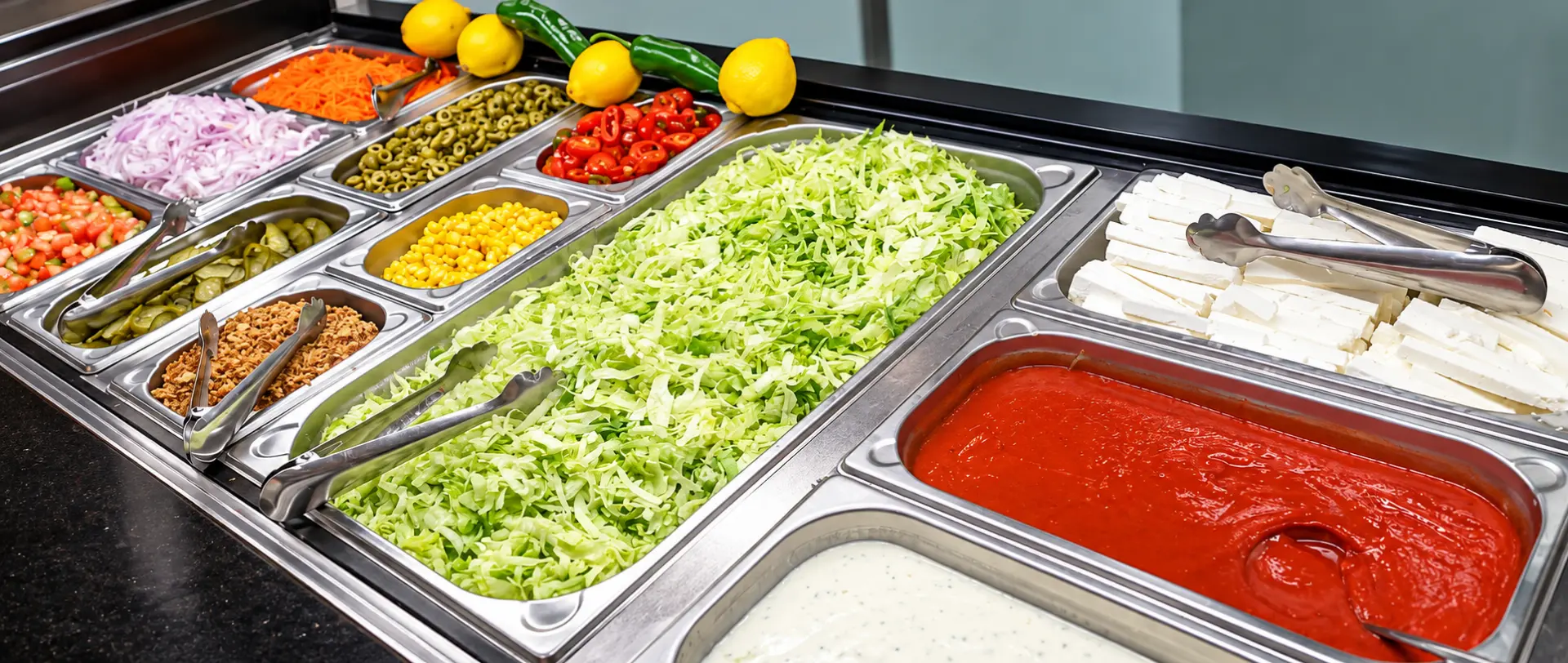 Selección de verduras, ingredientes y salsas en la barra de Rios Grill