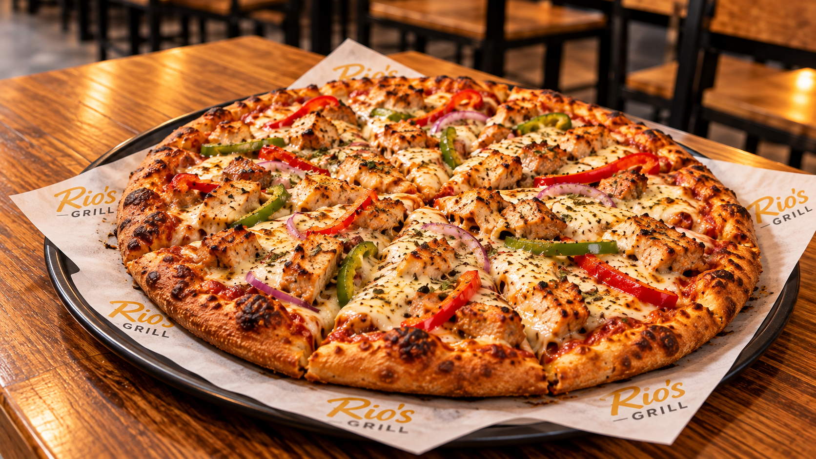 Pizza de Rios Grill con pollo, pimientos y cebolla sobre papel de la casa, fotografía real del local